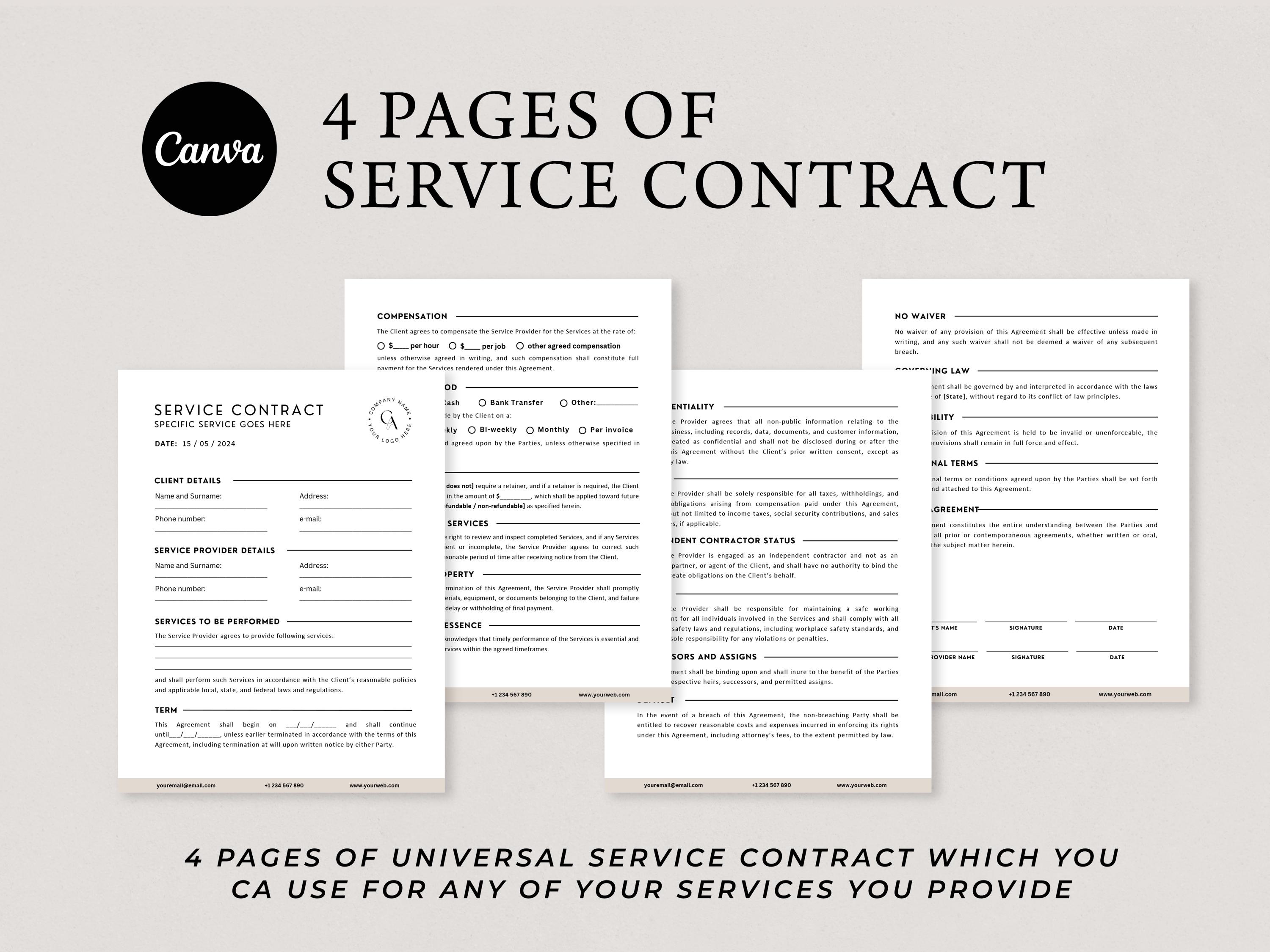 Printable Service Contract Templates, Editable Service Agreement ...