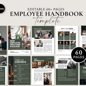 Peut inclure: Un modèle de manuel de l'employé avec un design vert foncé et blanc. La couverture indique "EMPLOYEE HANDBOOK Template" et "EDITABLE 60+ PAGES". Les pages intérieures présentent des photos et des sections telles que "Welcome", "Meet the Team" et "Table of Contents".