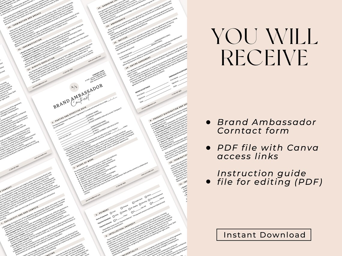 Editable Influencer Contract Template, Brand Ambassador Agreement Form ...