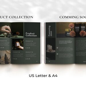 Puede incluir: Una maqueta de cat&aacute;logo de productos con fondo verde. La p&aacute;gina izquierda presenta una colecci&oacute;n de productos con cuatro productos, cada uno con un n&uacute;mero de producto y un precio. La p&aacute;gina derecha presenta el texto "Comming soon" y una descripci&oacute;n de los productos. El cat&aacute;logo est&aacute; abierto en las p&aacute;ginas 16 y 17.