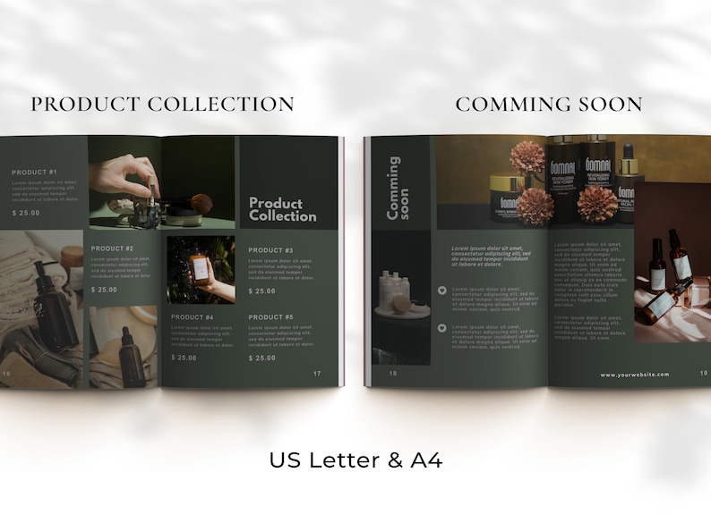 Puede incluir: Una maqueta de cat&aacute;logo de productos con fondo verde. La p&aacute;gina izquierda presenta una colecci&oacute;n de productos con cuatro productos, cada uno con un n&uacute;mero de producto y un precio. La p&aacute;gina derecha presenta el texto "Comming soon" y una descripci&oacute;n de los productos. El cat&aacute;logo est&aacute; abierto en las p&aacute;ginas 16 y 17.