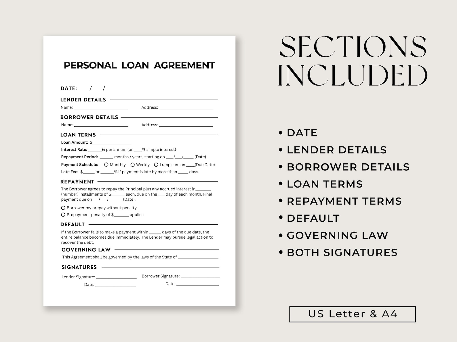 One Page Personal Loan Agreement, Editable Loan Contract Template Canva ...