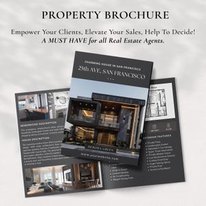 May include: A black and white brochure for a real estate agent showcasing a modern house in San Francisco. The brochure features a floor plan, exterior features, and a description of the neighborhood and house. The house has a private patio, landscaped garden, attached 2-car garage, and access to the beach.
