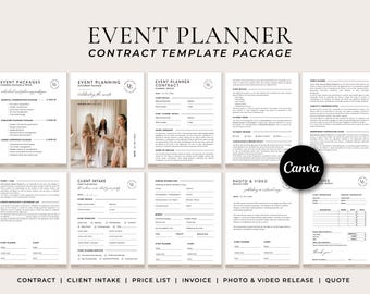 May include: A black and white document package titled "Event Planner Contract Template Package." The documents include event packages, event planning, client intake, and photo & video release forms. The Canva logo is visible.