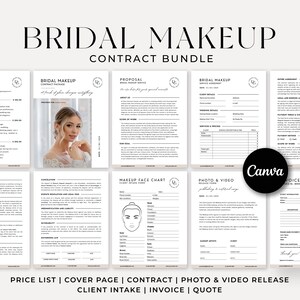 May include: A printable contract bundle for bridal makeup artists. The bundle includes a price list, cover page, contract, photo and video release, client intake form, invoice, and quote. The documents are designed in a minimalist style with black text on a white background.