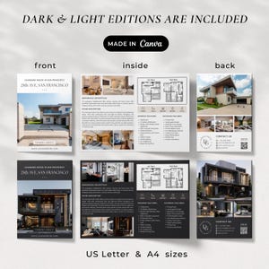 May include: A real estate flyer with a black and white interior design and a dark gray exterior design. The flyer includes a floor plan, interior and exterior features, and contact information. The text on the flyer reads "Charming House in San Francisco, 25th Ave, San Francisco".