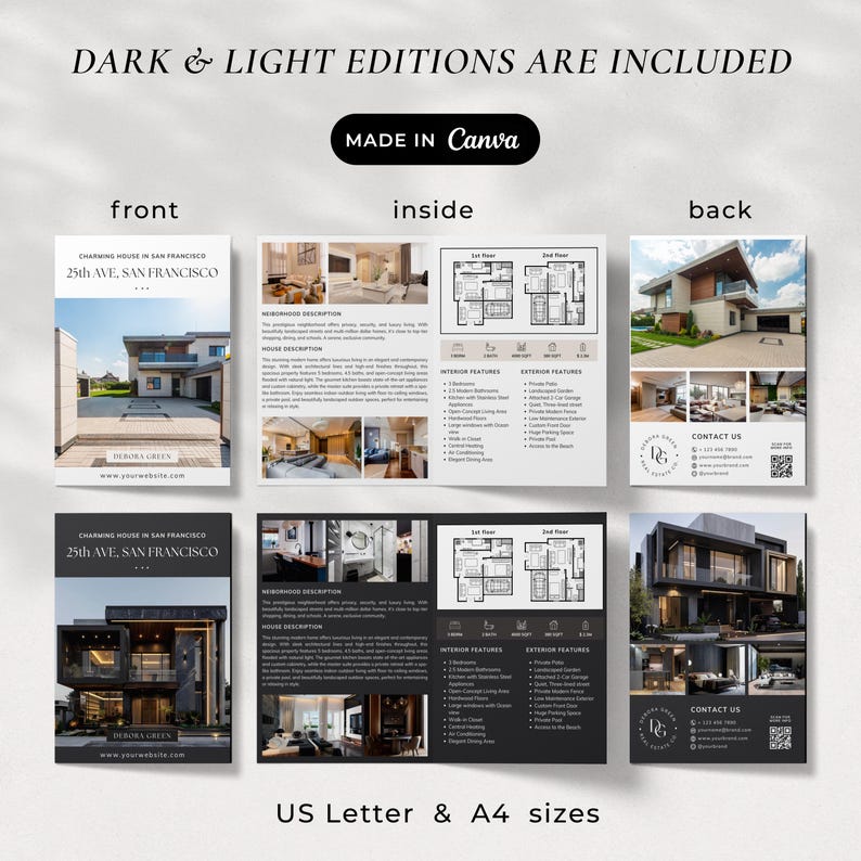 May include: A real estate flyer with a black and white interior design and a dark gray exterior design. The flyer includes a floor plan, interior and exterior features, and contact information. The text on the flyer reads "Charming House in San Francisco, 25th Ave, San Francisco".