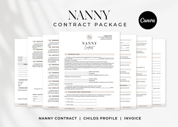 Editable Nanny Agreement Template, Babysitter Agreement, Childcare service, Nanny Contract Worksheet, Invoice Forms, Editable Canva Template