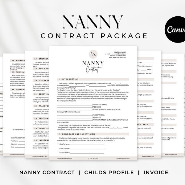 Editable Nanny Agreement Template, Babysitter Agreement, Childcare service, Nanny Contract Worksheet, Invoice Forms, Editable Canva Template