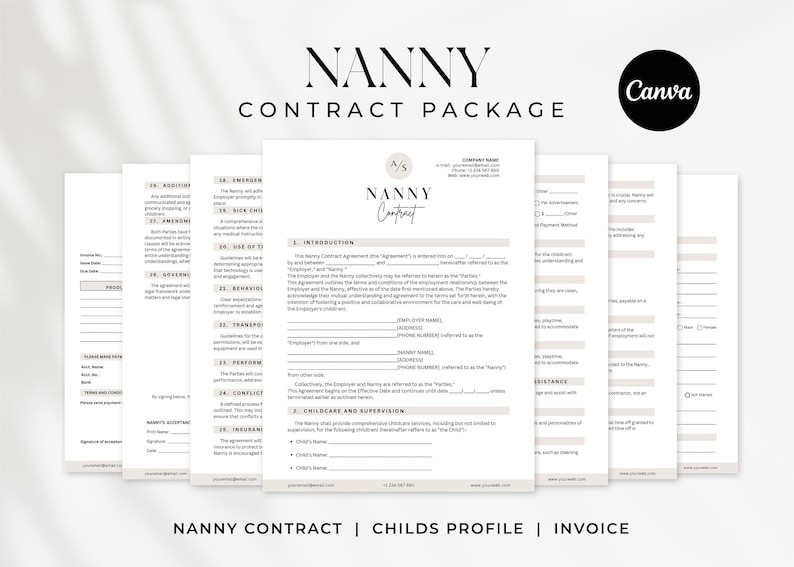 Editable Nanny Agreement Template, Babysitter Agreement, Childcare service, Nanny Contract Worksheet, Invoice Forms, Editable Canva Template image 1