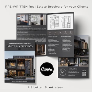 May include: A black and white real estate brochure with a photo of a modern house. The brochure includes a description of the house, its features, and the neighborhood. The text on the brochure reads "Charming House in San Francisco, 25th Ave, San Francisco".