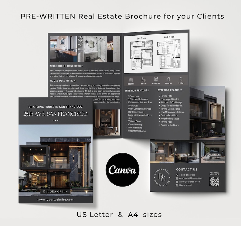 May include: A black and white real estate brochure with a photo of a modern house. The brochure includes a description of the house, its features, and the neighborhood. The text on the brochure reads "Charming House in San Francisco, 25th Ave, San Francisco".
