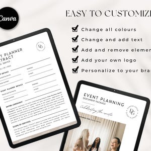 May include: Two digital tablets displaying event planning documents. One tablet shows a contract with fields for details. The other tablet displays a document package with the text "Celebrating the events". The text "Easy to Customize" is also visible.