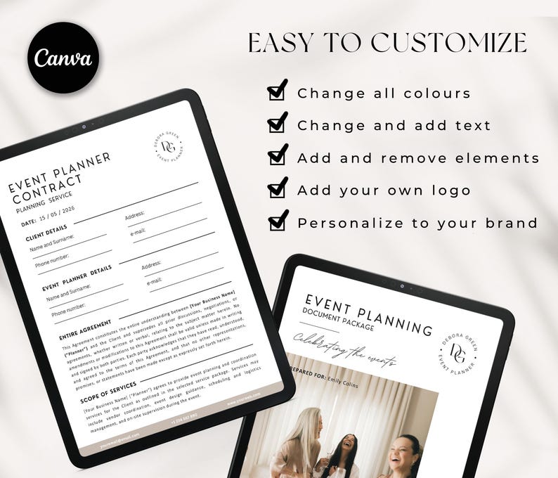May include: Two digital tablets displaying event planning documents. One tablet shows a contract with fields for details. The other tablet displays a document package with the text "Celebrating the events". The text "Easy to Customize" is also visible.