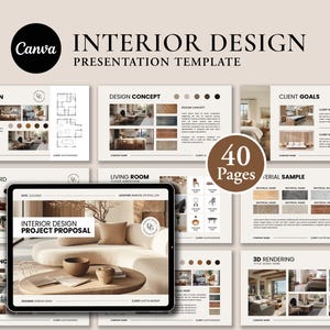 Puede incluir: Una plantilla de presentación para diseño de interiores, con una tableta que muestra una propuesta de proyecto. La plantilla incluye diapositivas para planos de planta, conceptos de diseño, objetivos del cliente, mood boards y renders 3D. El logotipo de Canva es visible.