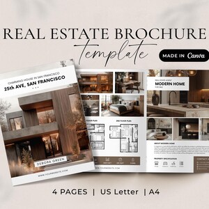 May include: A real estate brochure template with a modern design. The cover features a photo of a contemporary house. The brochure includes the text "REAL ESTATE BROCHURE Template" and "MADE IN Canva". The brochure is labeled "4 PAGES | US Letter | A4".