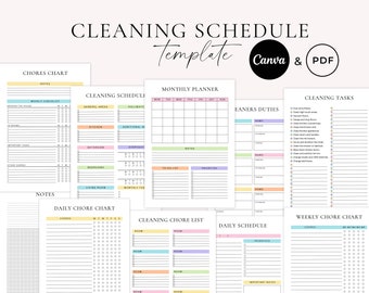 May include: Printable cleaning schedule template with colorful checklists for daily, weekly, and monthly tasks. Includes sections for chores, cleaning duties, and a monthly planner.