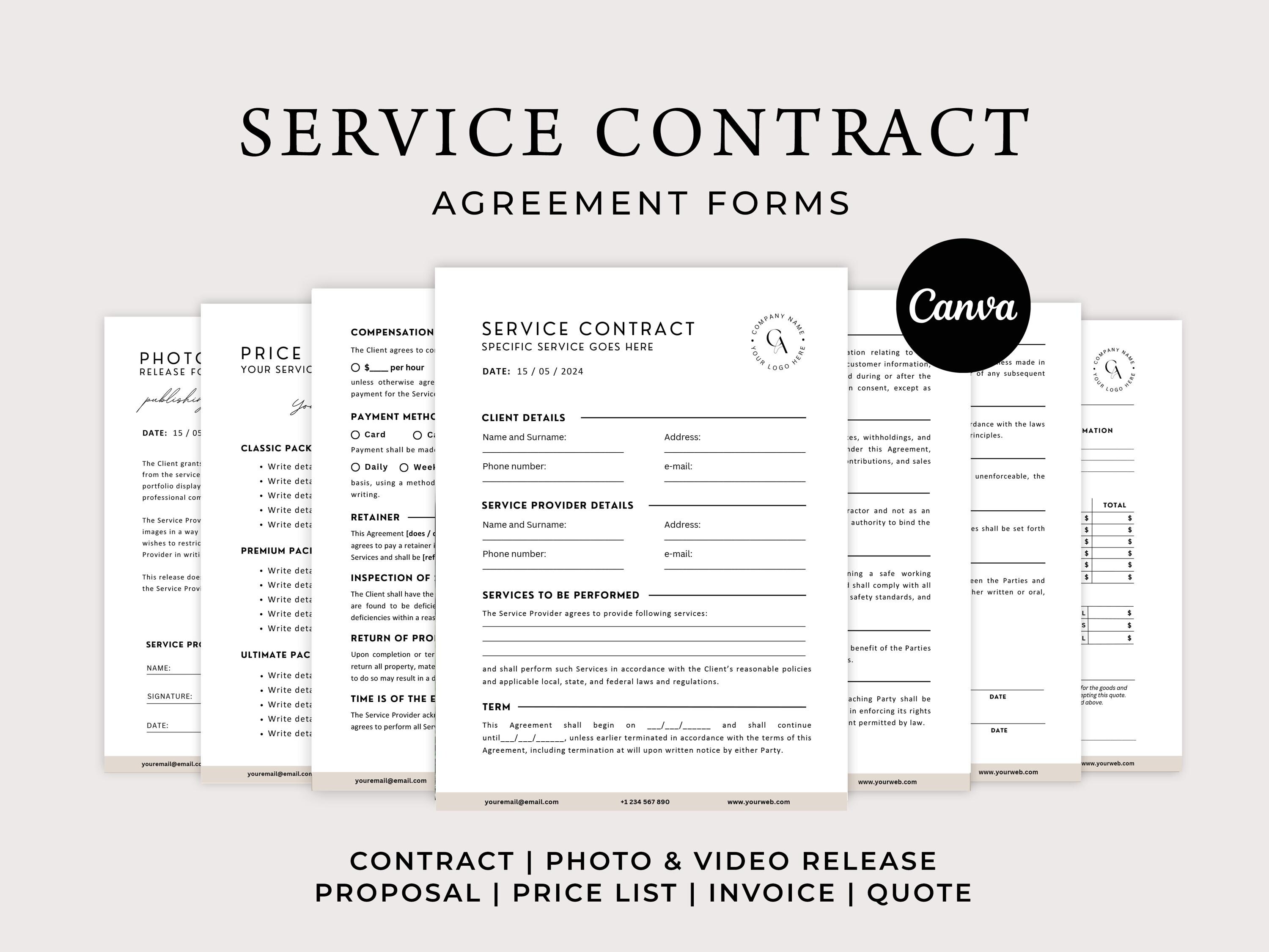 Printable Service Contract Templates, Editable Service Agreement ...