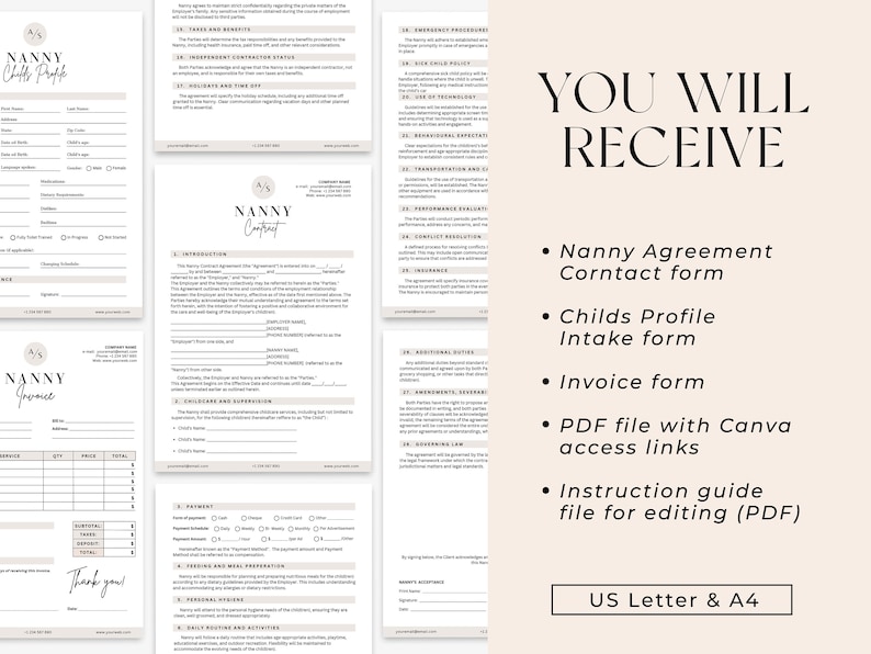 May include: A beige and white digital download for a nanny agreement, contact form, child profile intake form, invoice form, PDF file with Canva access links, and an instruction guide for editing in PDF format. The text "You Will Receive" is in black text on a beige background. The text "US Letter & A4" is in black text on a white background.