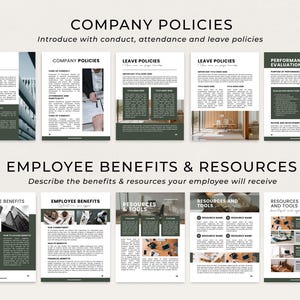 May include: A collection of documents with text, including "Company Policies," "Leave Policies," and "Employee Benefits & Resources." The documents have a white background with dark green accents and images.