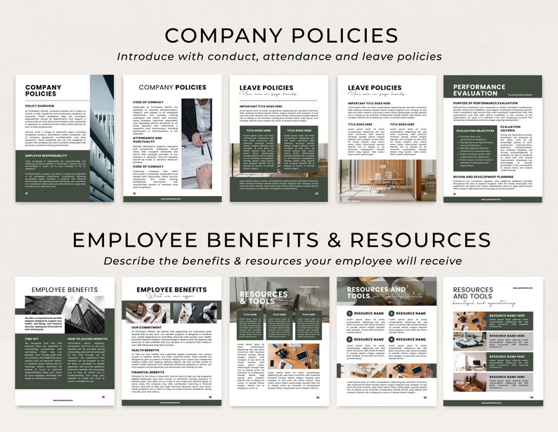 May include: A collection of documents with text, including "Company Policies," "Leave Policies," and "Employee Benefits & Resources." The documents have a white background with dark green accents and images.