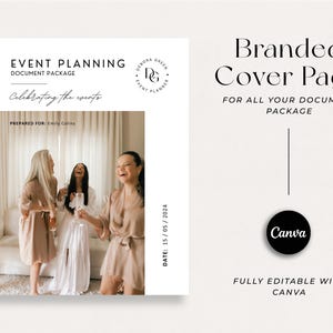 May include: A document package cover page for event planning, featuring the text "Event Planning Document Package" and "Celebrating the events." The cover includes a photo of three women in robes, and the text "Branded Cover Page" and "Fully Editable with Canva."