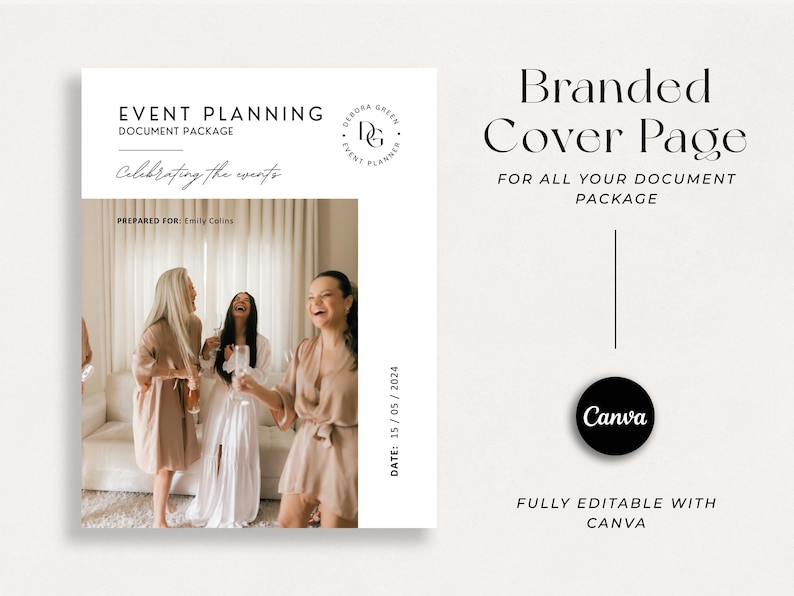 May include: A document package cover page for event planning, featuring the text "Event Planning Document Package" and "Celebrating the events." The cover includes a photo of three women in robes, and the text "Branded Cover Page" and "Fully Editable with Canva."