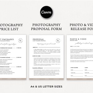 May include: A digital design featuring three white documents with black text. The documents are titled "Photography Price List", "Photography Proposal Form", and "Photo & Video Release Form". The Canva logo is at the top.
