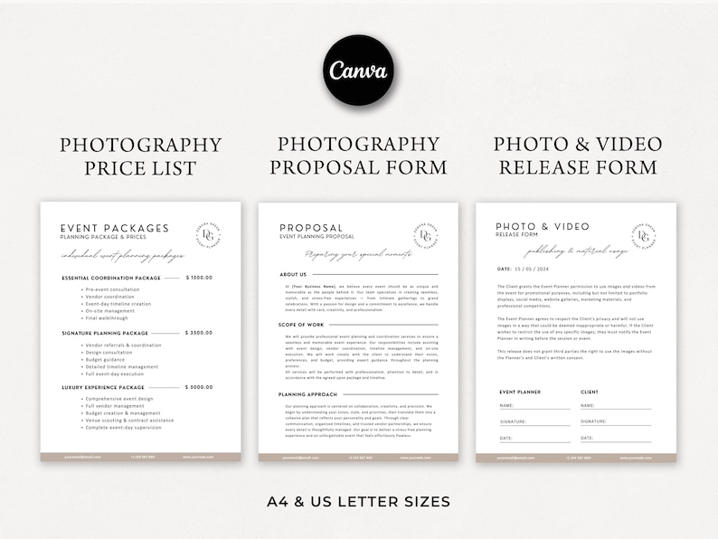 May include: A digital design featuring three white documents with black text. The documents are titled "Photography Price List", "Photography Proposal Form", and "Photo & Video Release Form". The Canva logo is at the top.