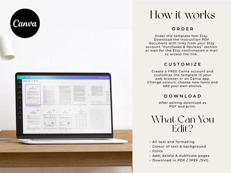 Pode incluir: Um computador port&aacute;til que exibe um modelo de design Canva na tela. O texto na tela diz "Modelo". O laptop est&aacute; em uma mesa de madeira. A imagem tamb&eacute;m inclui texto que diz "Como funciona", "Pedir", "Personalizar", "Baixar" e "O que voc&ecirc; pode editar?" O texto lista os recursos que podem ser editados no modelo, incluindo texto, cores, fontes e p&aacute;ginas.