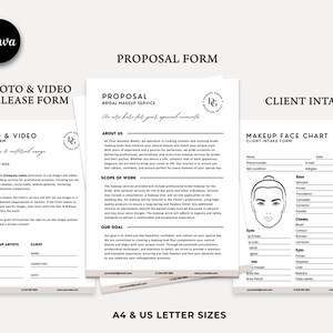 Pode incluir: Tr&ecirc;s formul&aacute;rios imprim&iacute;veis para um servi&ccedil;o de maquiagem de noiva. O primeiro formul&aacute;rio &eacute; um formul&aacute;rio de libera&ccedil;&atilde;o de fotos e v&iacute;deos. O segundo formul&aacute;rio &eacute; um formul&aacute;rio de proposta com o texto "Tornamos seus momentos especiais belos". O terceiro formul&aacute;rio &eacute; um formul&aacute;rio de admiss&atilde;o de clientes com um gr&aacute;fico de maquiagem facial.