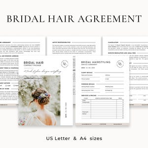 Pode incluir: Um modelo de contrato de pacote de cabelo de noiva imprim&iacute;vel com um design preto e branco. O modelo inclui se&ccedil;&otilde;es para todo o acordo, o acordo legal e vinculativo, os termos de pagamento e a compensa&ccedil;&atilde;o, o m&eacute;todo de pagamento, o escopo do trabalho, as responsabilidades do artista, o cancelamento, a resolu&ccedil;&atilde;o de disputas e as taxas legais, o acordo de servi&ccedil;o de cabelo de noiva, os detalhes do cliente, os detalhes do casamento e os servi&ccedil;os e os pre&ccedil;os.