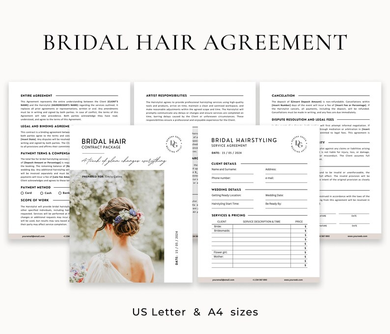 Pode incluir: Um modelo de contrato de pacote de cabelo de noiva imprim&iacute;vel com um design preto e branco. O modelo inclui se&ccedil;&otilde;es para todo o acordo, o acordo legal e vinculativo, os termos de pagamento e a compensa&ccedil;&atilde;o, o m&eacute;todo de pagamento, o escopo do trabalho, as responsabilidades do artista, o cancelamento, a resolu&ccedil;&atilde;o de disputas e as taxas legais, o acordo de servi&ccedil;o de cabelo de noiva, os detalhes do cliente, os detalhes do casamento e os servi&ccedil;os e os pre&ccedil;os.