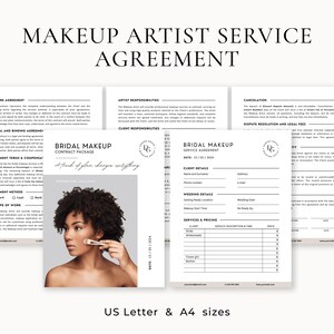 Pode incluir: Um modelo de contrato de servi&ccedil;o de maquilhagem de noiva imprim&iacute;vel com um design preto e branco. O documento inclui se&ccedil;&otilde;es para os detalhes do cliente, os detalhes do casamento, os servi&ccedil;os e os pre&ccedil;os, o cancelamento e a resolu&ccedil;&atilde;o de disputas.
