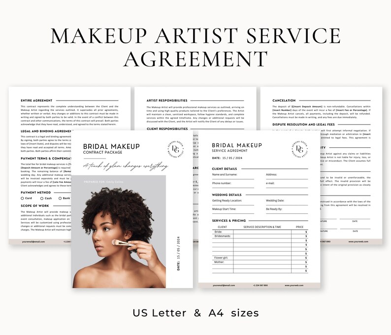 Pode incluir: Um modelo de contrato de servi&ccedil;o de maquilhagem de noiva imprim&iacute;vel com um design preto e branco. O documento inclui se&ccedil;&otilde;es para os detalhes do cliente, os detalhes do casamento, os servi&ccedil;os e os pre&ccedil;os, o cancelamento e a resolu&ccedil;&atilde;o de disputas.