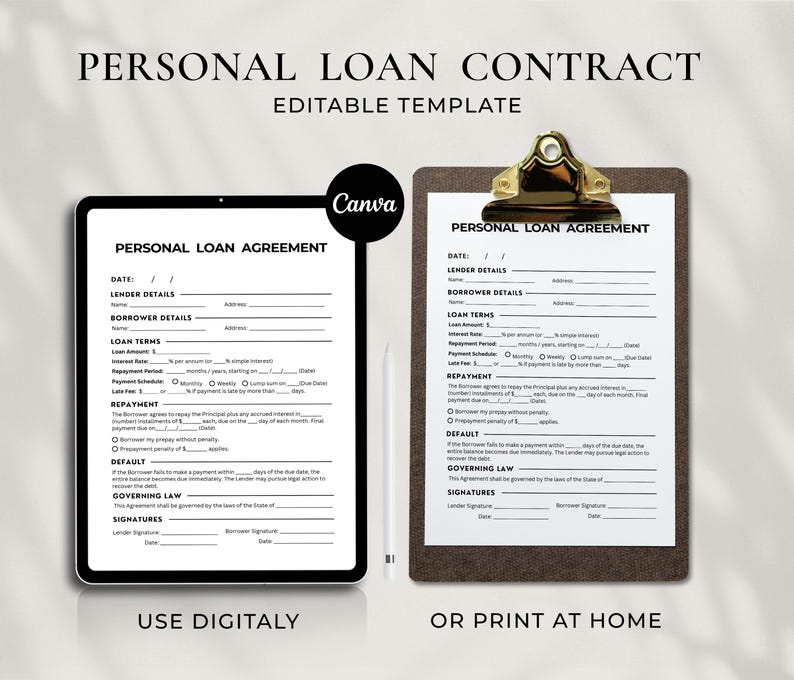 One Page Personal Loan Agreement, Editable Loan Contract Template Canva ...