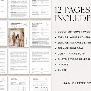 May include: A collection of 12 event planning templates, including a contract, invoice, and quote forms. The documents are in A4 and US letter sizes. The image includes the text "12 PAGES INCLUDED".