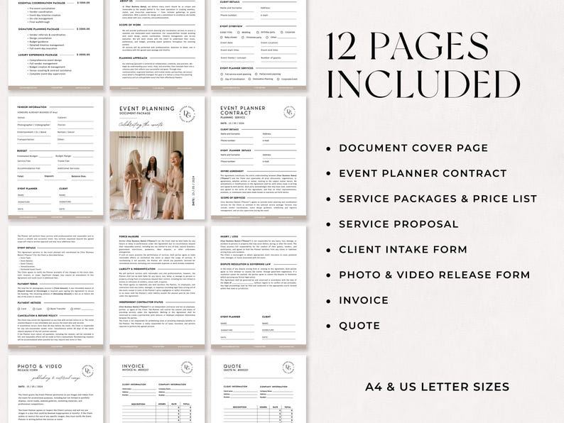 May include: A collection of 12 event planning templates, including a contract, invoice, and quote forms. The documents are in A4 and US letter sizes. The image includes the text "12 PAGES INCLUDED".