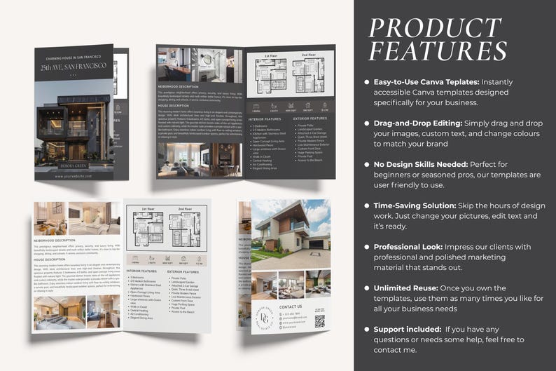 May include: A brochure for a real estate company featuring a modern house with a gray exterior and a black roof. The brochure includes floor plans, interior and exterior features, and contact information. The text on the brochure reads "206 WE, SAN FRANCISCO".