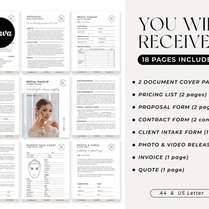 Pode incluir: Um conjunto de 18 p&aacute;ginas imprim&iacute;veis para maquiadores de casamento, incluindo uma lista de pre&ccedil;os, um formul&aacute;rio de proposta, um formul&aacute;rio de contrato, um formul&aacute;rio de admiss&atilde;o de clientes, uma autoriza&ccedil;&atilde;o de foto e v&iacute;deo, uma fatura e um or&ccedil;amento. As p&aacute;ginas s&atilde;o projetadas em um estilo minimalista com texto preto em fundo branco.