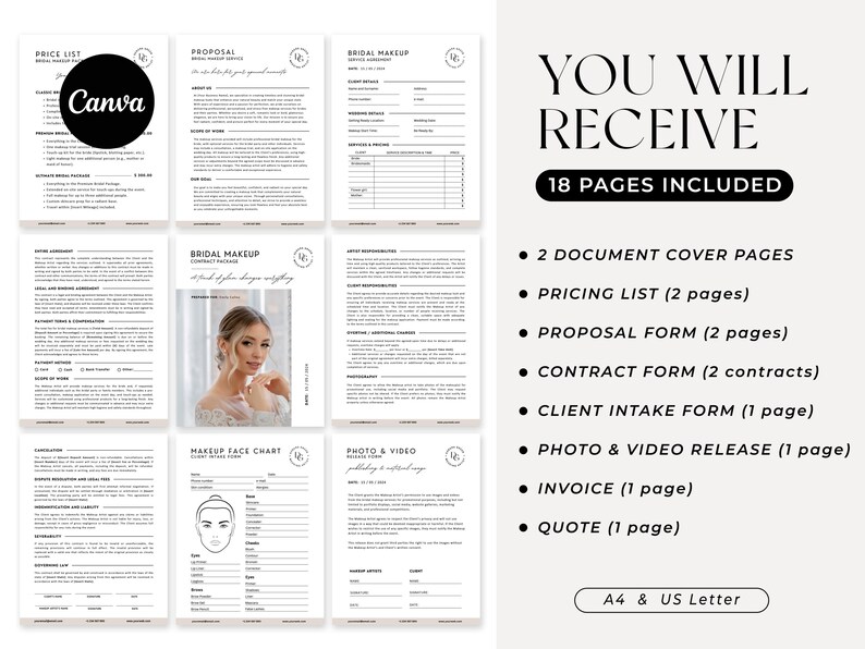 Pode incluir: Um conjunto de 18 p&aacute;ginas imprim&iacute;veis para maquiadores de casamento, incluindo uma lista de pre&ccedil;os, um formul&aacute;rio de proposta, um formul&aacute;rio de contrato, um formul&aacute;rio de admiss&atilde;o de clientes, uma autoriza&ccedil;&atilde;o de foto e v&iacute;deo, uma fatura e um or&ccedil;amento. As p&aacute;ginas s&atilde;o projetadas em um estilo minimalista com texto preto em fundo branco.