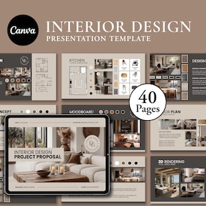Könnte beinhalten: Eine Canva-Präsentationsvorlage für Innenarchitektur mit 40 Seiten. Die Vorlage enthält Grundrisse, Küchenlayouts, Designkonzepte und Moodboards. Die Präsentation verwendet eine neutrale Farbpalette mit Bildern von Innenarchitekturprojekten.