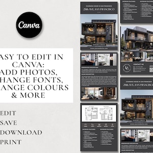 May include: A black and white digital flyer template for a modern house in San Francisco. The flyer includes photos of the house, floor plans, and a description of the interior and exterior features. The text on the flyer reads "Charming House in San Francisco, 25th Ave, San Francisco".