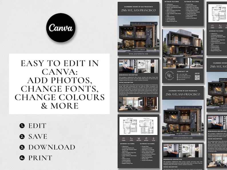 May include: A black and white digital flyer template for a modern house in San Francisco. The flyer includes photos of the house, floor plans, and a description of the interior and exterior features. The text on the flyer reads "Charming House in San Francisco, 25th Ave, San Francisco".