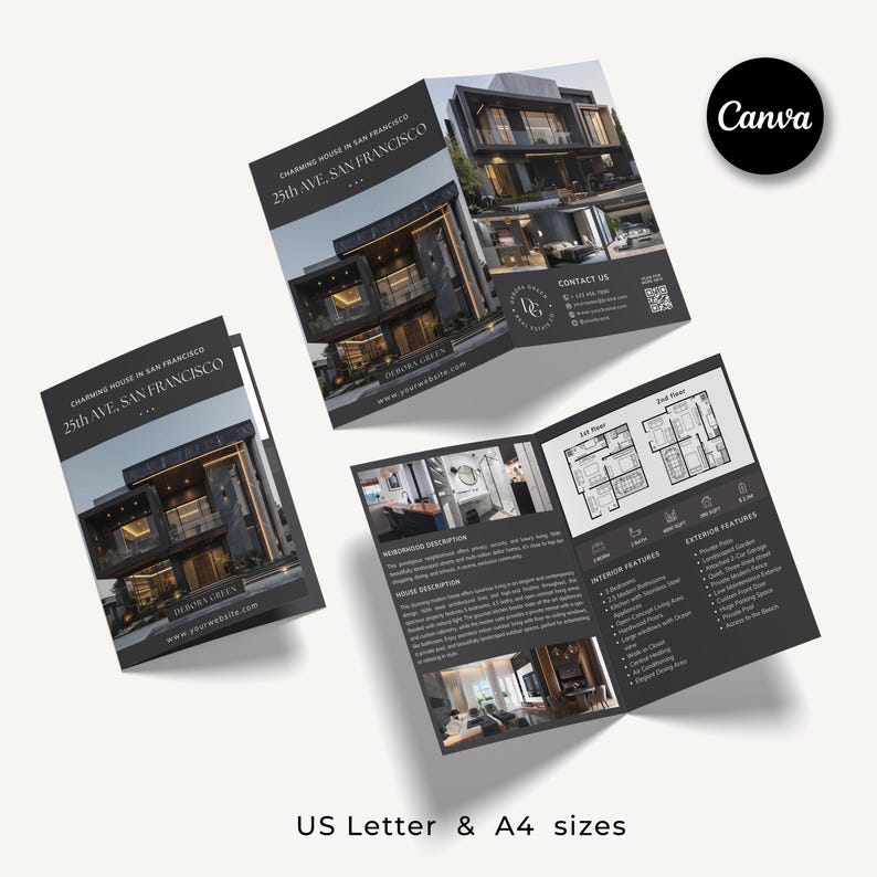 May include: A tri-fold brochure for a house in San Francisco. The front cover features a black and white photo of the house with the text "CHARMING HOUSE IN SAN FRANCISCO 25th AVE, SAN FRANCISCO". The inside pages feature a description of the house, interior and exterior features, and floor plans.