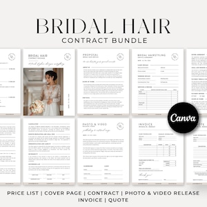 May include: A printable contract bundle for bridal hair stylists. The bundle includes a price list, cover page, contract, photo and video release, invoice, and quote. The documents are designed in a minimalist style with black text on a white background.