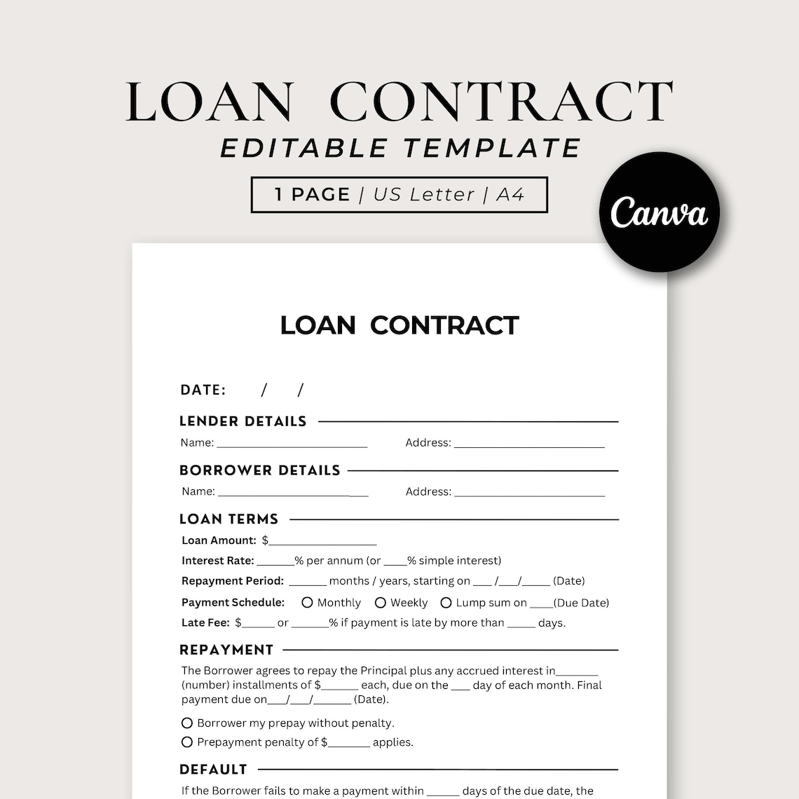 Printable Personal Loan Contract, Editable Loan Agreement Template ...