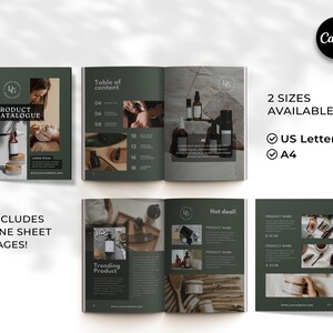 Puede incluir: Un cat&aacute;logo de productos para una marca de belleza con una portada verde y una tabla de contenido. El cat&aacute;logo incluye fotos de productos, descripciones y precios. El cat&aacute;logo est&aacute; disponible en dos tama&ntilde;os: US Letter y A4.