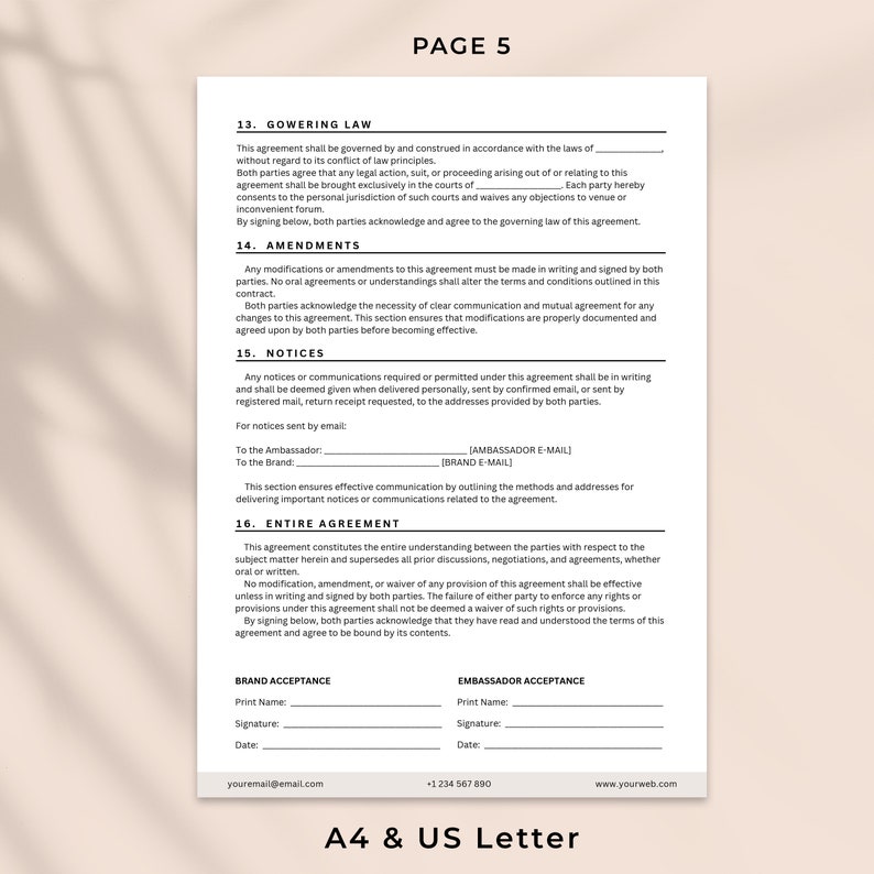 Brand Ambassador Agreement Form, Editable Influencer Contract Template ...
