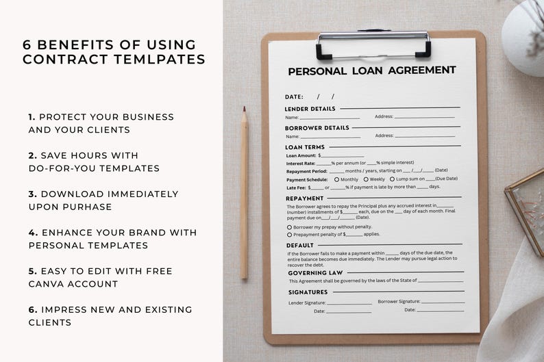 One Page Personal Loan Agreement, Editable Loan Contract Template Canva ...